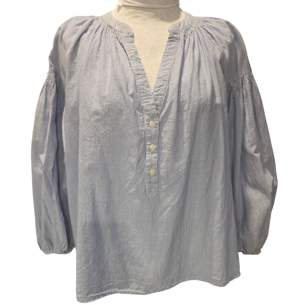 Vanessa Bruno Blue White Pinstripe Cotton Smocked Puff Sleeve Blouse Large - Picture 2 of 6